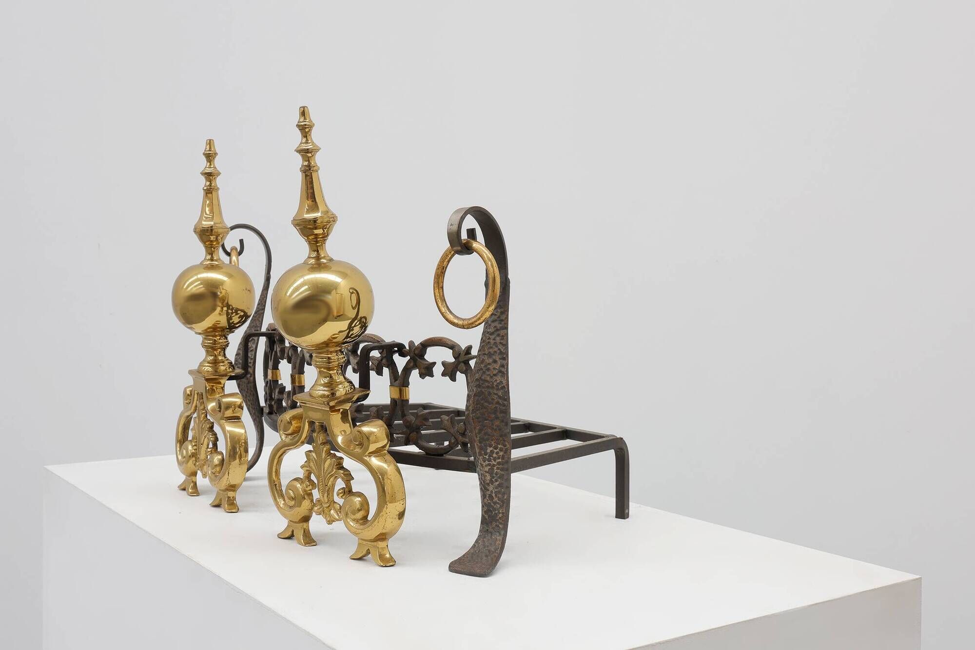 Pair of French Brass Firedogs and Wrought Iron Fireplace Grate, 20th Centur