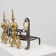 Pair of French Brass Firedogs and Wrought Iron Fireplace Grate, 20th Centur