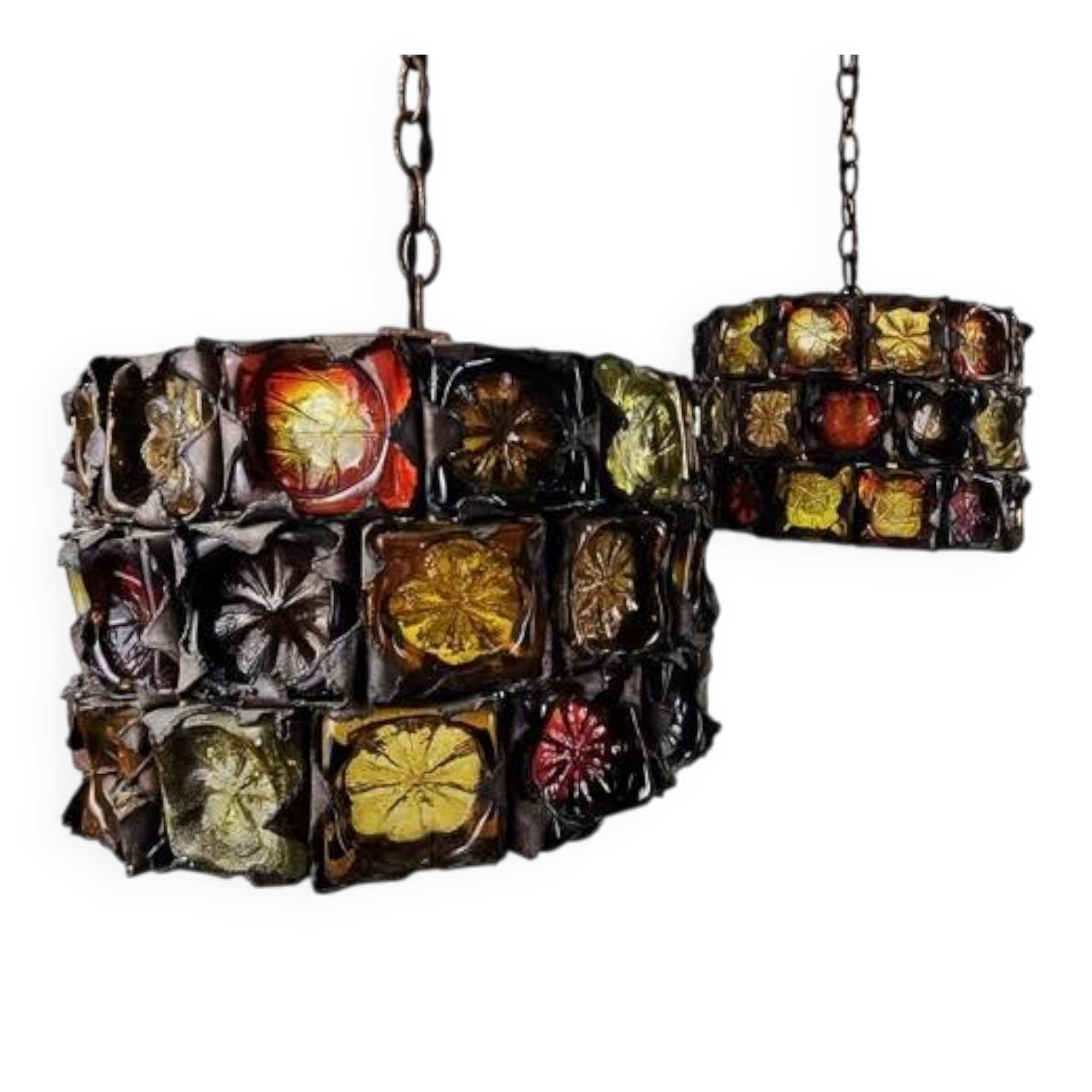 Very rare and unique set of pendant lamps, brutalist glass and metal by Felipe Delfinger for Feder, 1970s Mexico