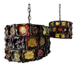 Very rare and unique set of pendant lamps, brutalist glass and metal by Felipe Delfinger for Feder, 1970s Mexico