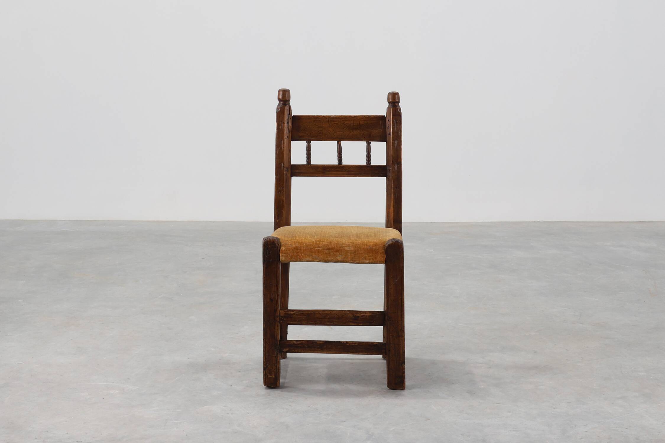 19th Century Spanish Hand-Carved oak Side Chair with Velour Seat