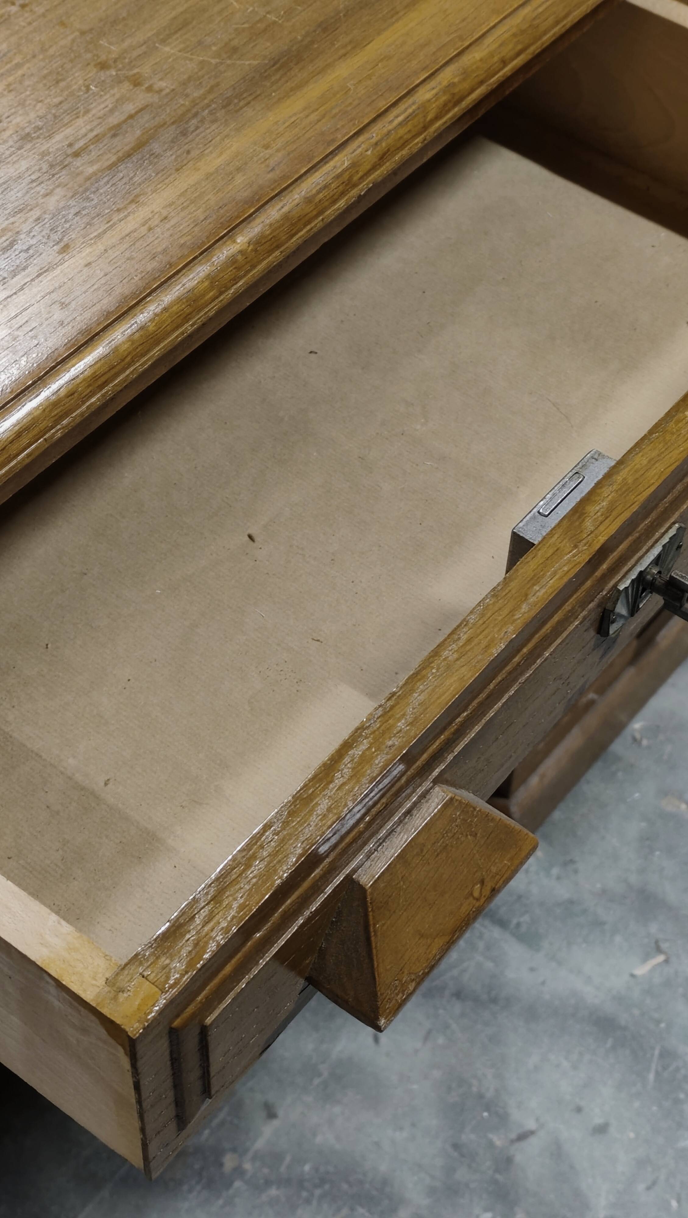 Blonde solid oak desk, cabinet, American type.