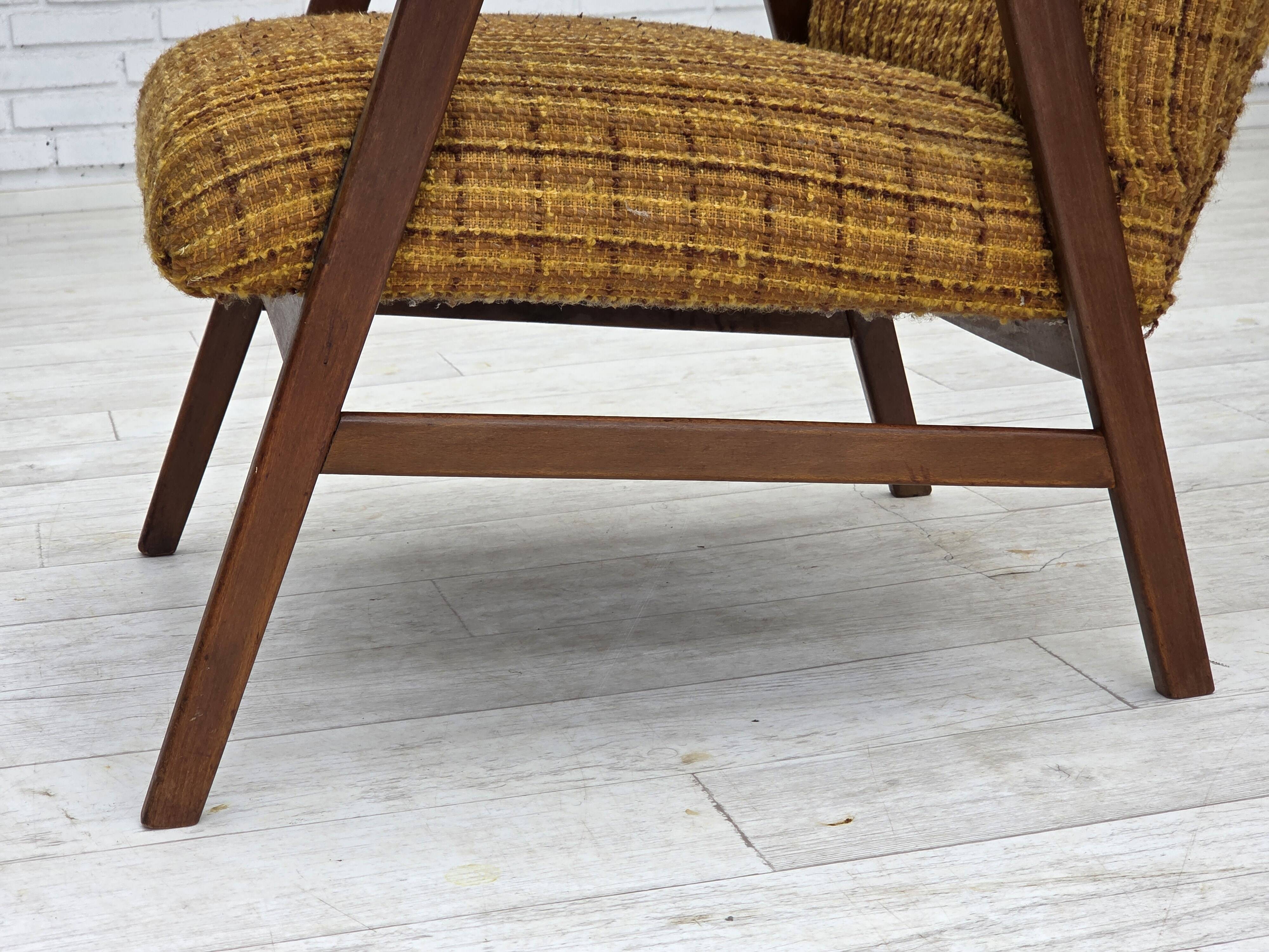 1960s, Danish armchair, furniture wool fabric, teak wood, oak wood.