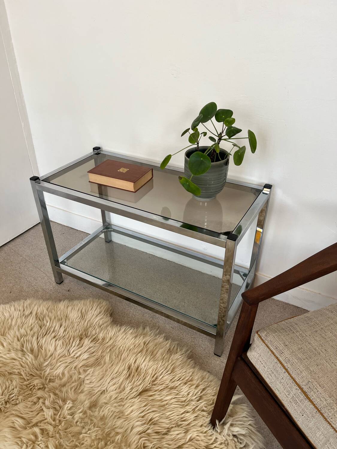 Table basse console verre et chrome vintage
