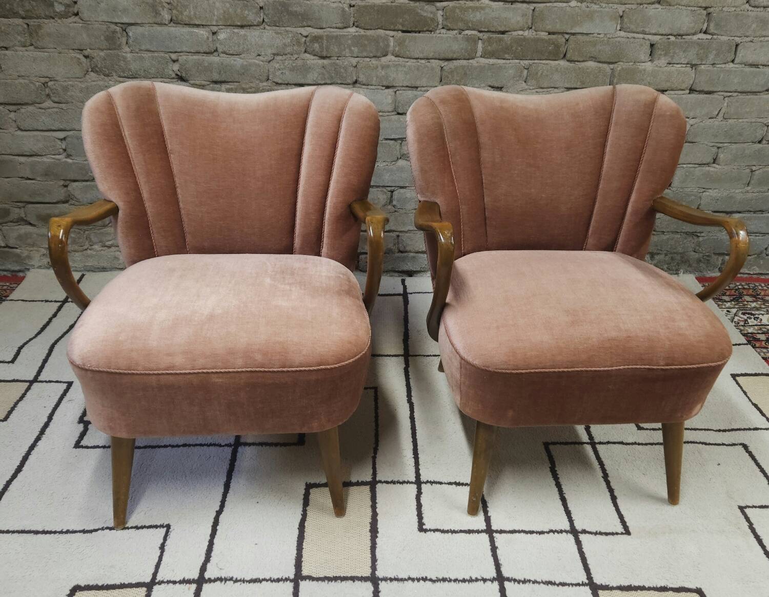 Pair of pink velvet cocktail armchairs 1960