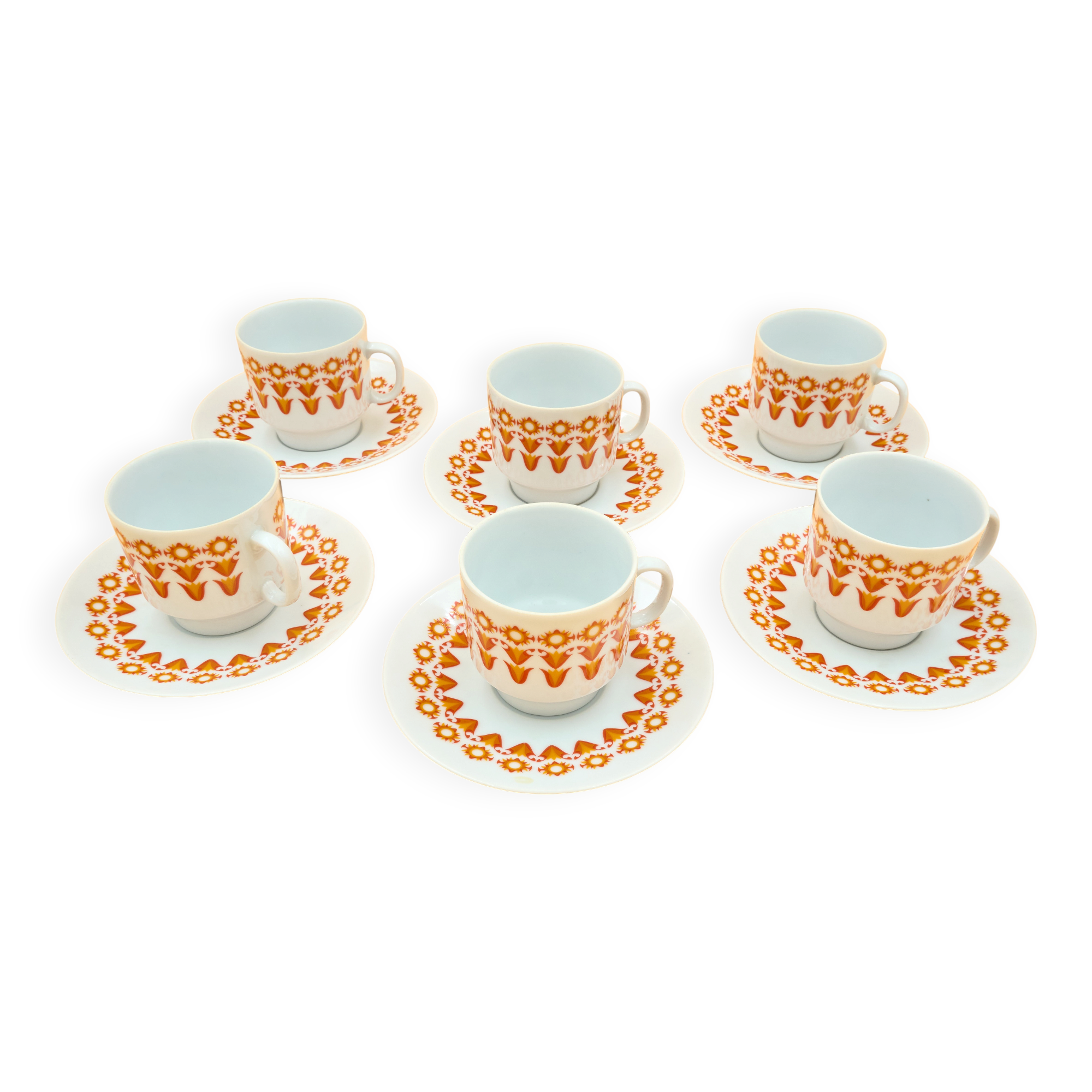 6 Midcentury Porcelain Coffee Cups & Saucers, EPIAG, Czechoslovakia
