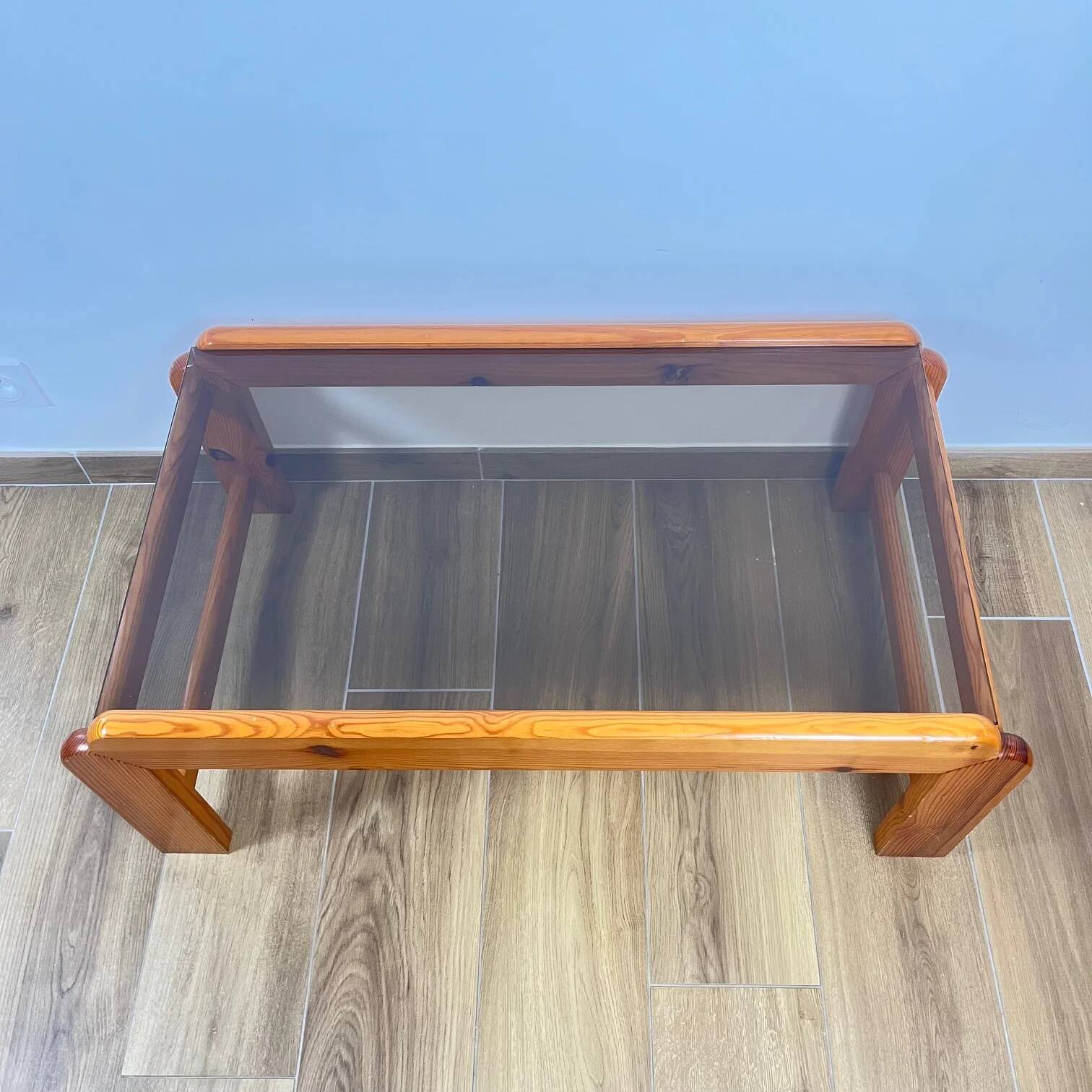 Pine coffee table with smoked glass top, 1970s/80s.