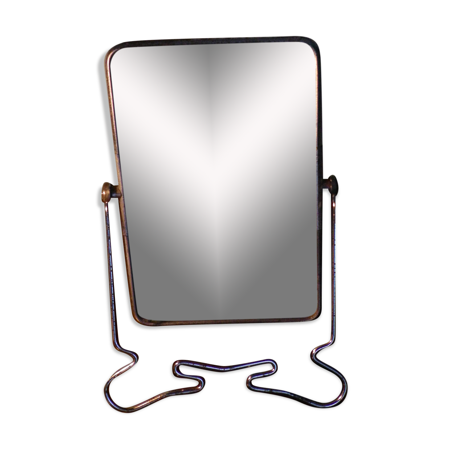 Two-foot barber mirror, suspension mode, beveled, chrome metal - 70s -