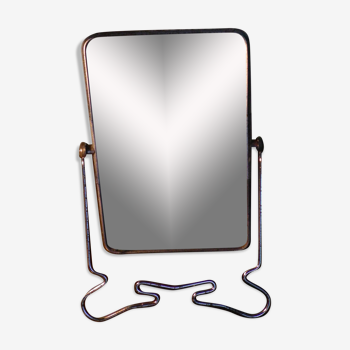 Two-foot barber mirror, suspension mode, beveled, chrome metal - 70s -