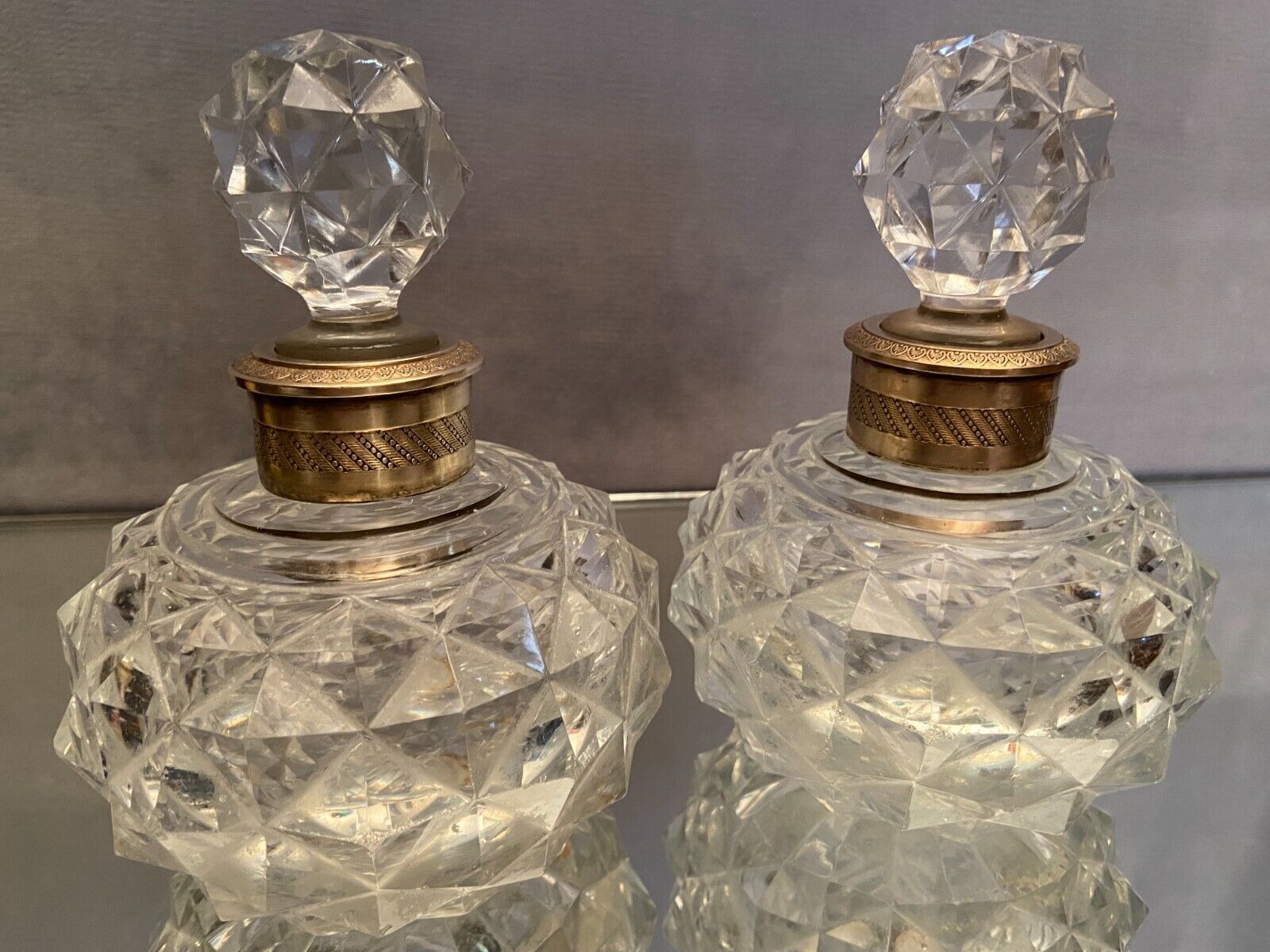 Pair of bottles nineteenth crystal Baccarat decoration diamond points bronze guilloché
