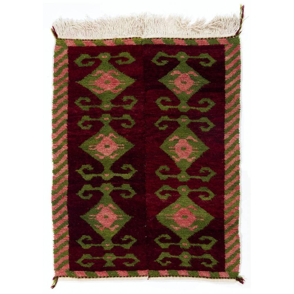 Vintage Hand-Knotted Turkish Tulu Rug with Geometric Hooked Motifs in Burgundy, Green and Pink, 100% Wool