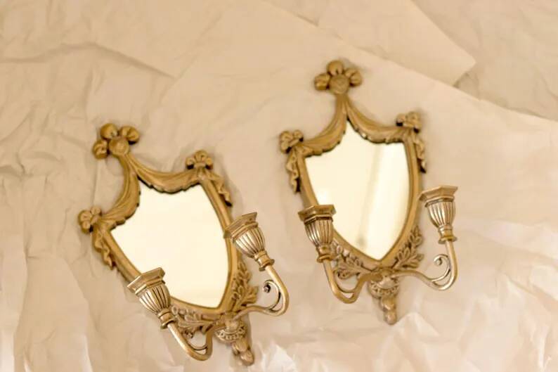 Pair of Vintage Double Arm Italian Brass Sconces with Mirror