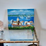 Oil on canvas painting representing Saint Tropez south of the vintage France