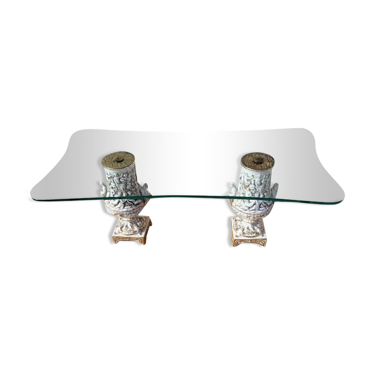 Italian coffee table with glass top, wooden base, and porcelain legs