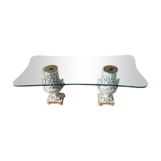 Table basse italienne plateau verre socle bois jambages en porcelaine