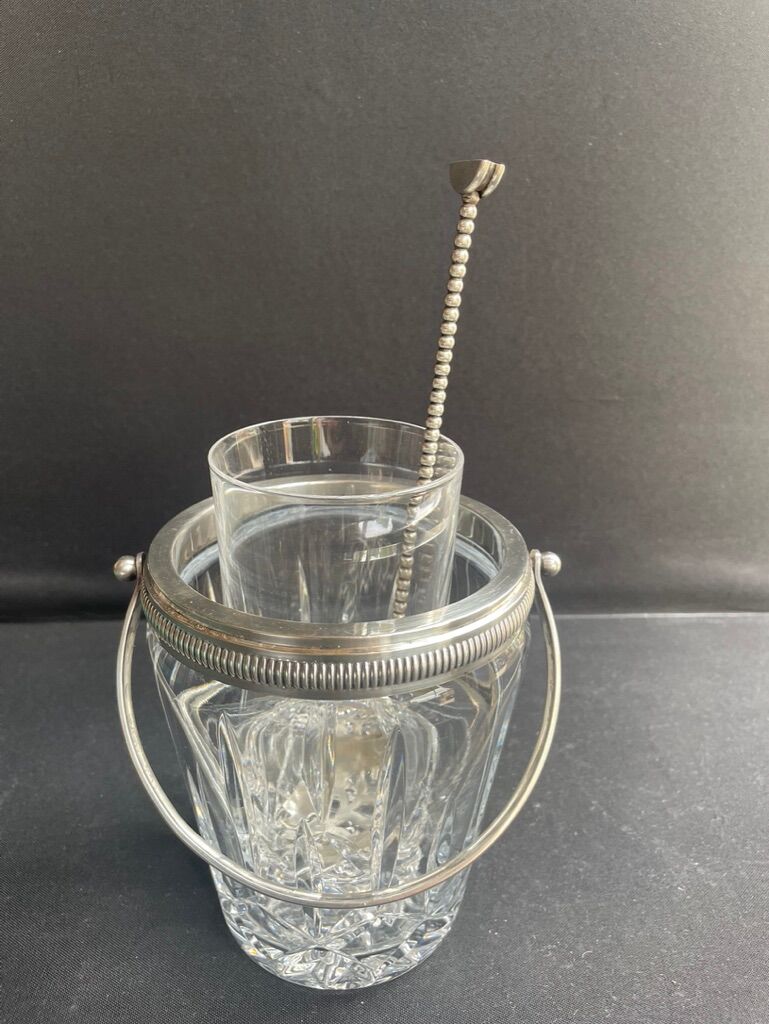 Ice bucket with spoon and glass – cut crystal and silver metal
