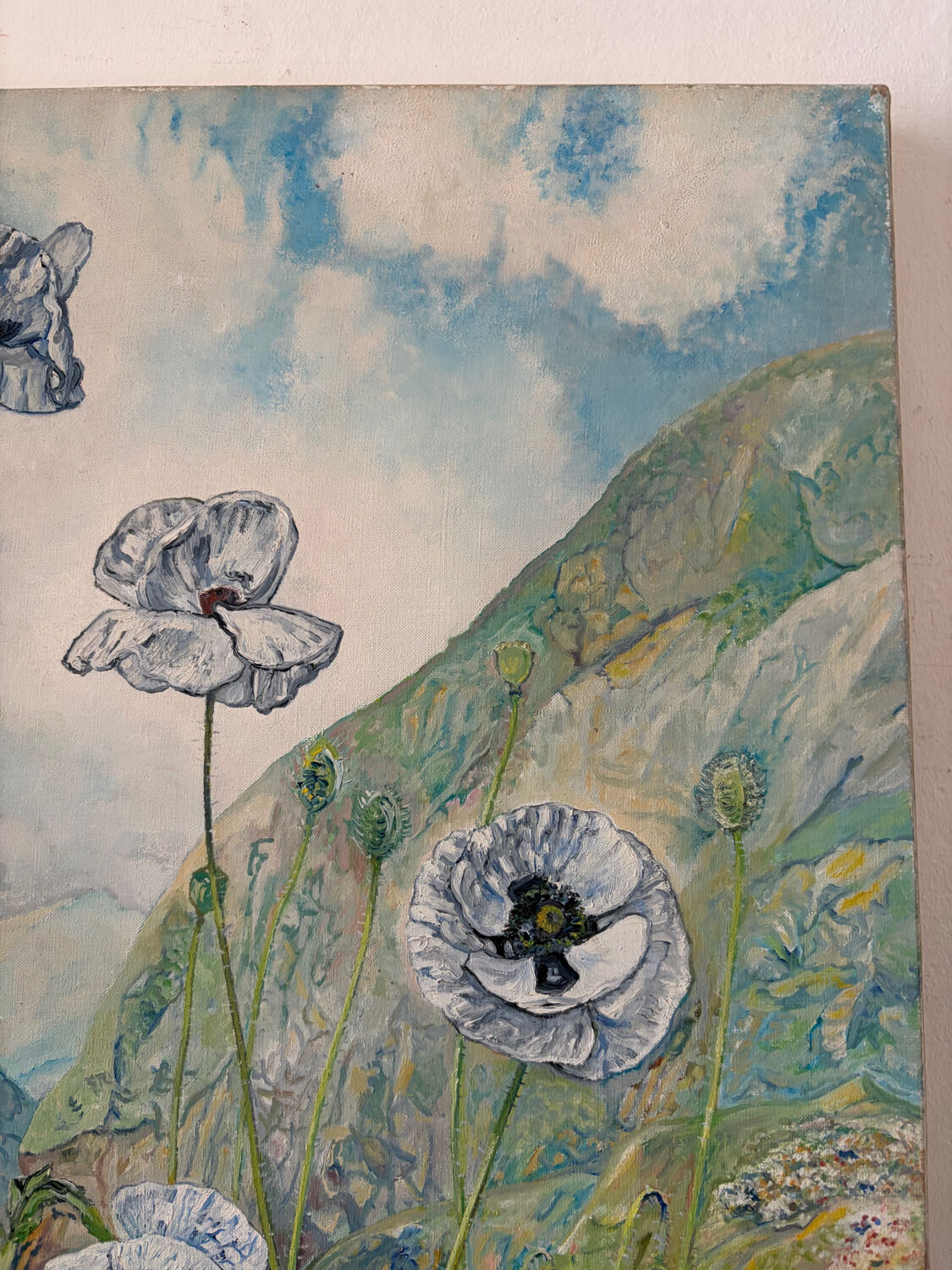 The foot of white poppies, signed Maurice Bouillot 1972
