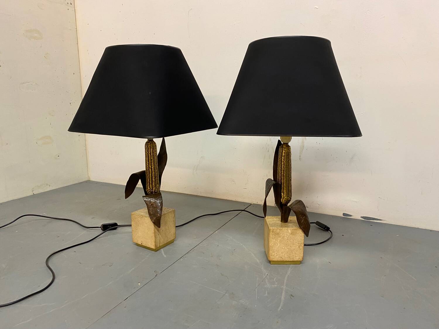 Vintage Bronze, Brass and Travertin Table Lamps in the manner of Maison Charles, 1970s, Set of 2