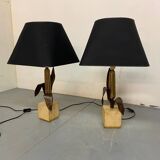Vintage Bronze, Brass and Travertin Table Lamps in the manner of Maison Charles, 1970s, Set of 2
