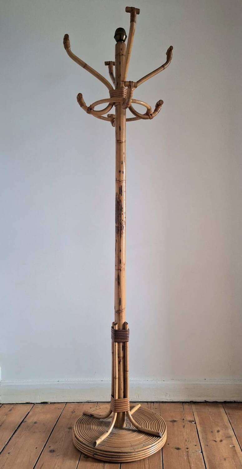 Vintage rattan parrot coat rack, antique furniture for entryway
