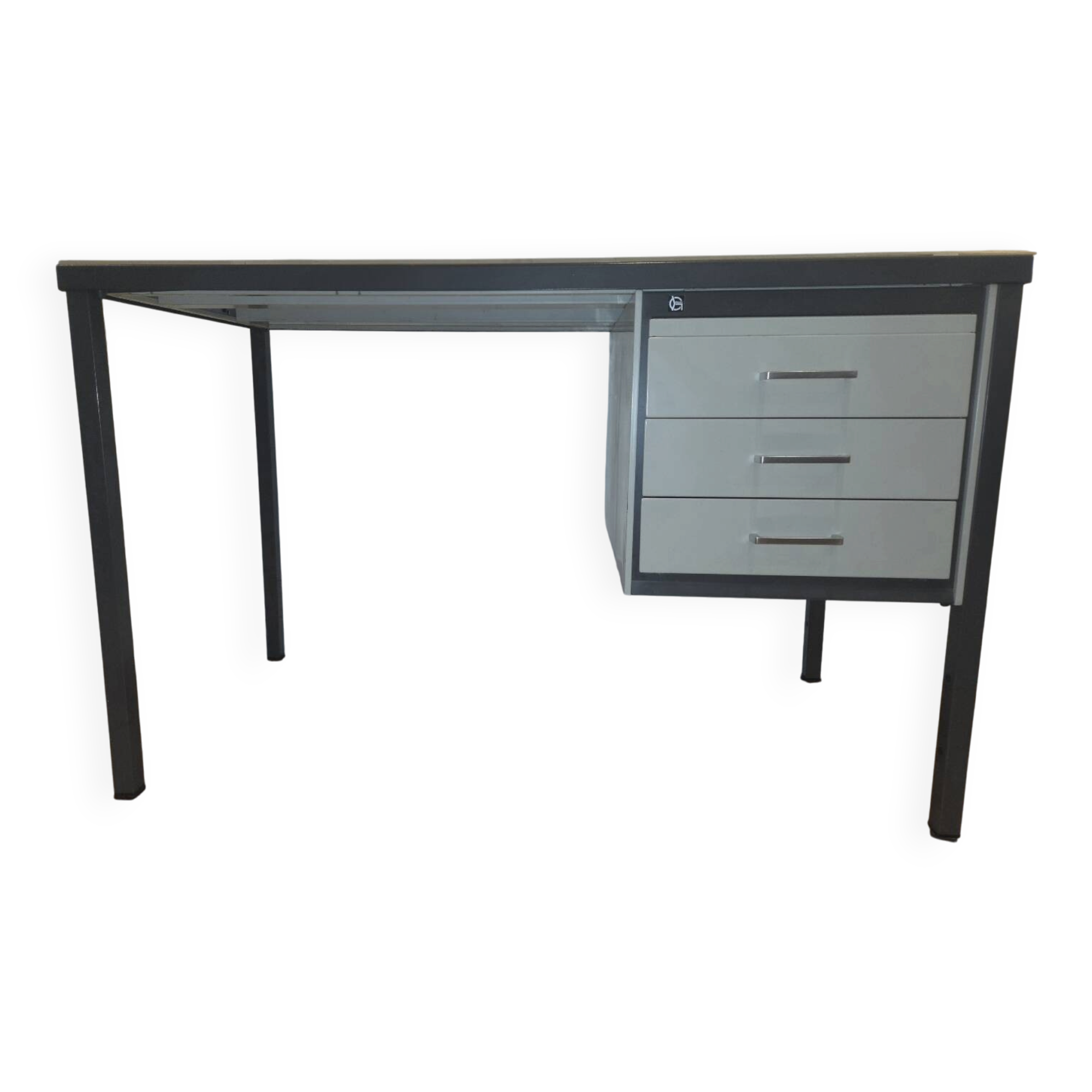 Bureau vintage industriel Gispen avec caisson 3 tiroirs