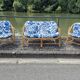 Rattan lounge with two armchairs and a vintage 1950s bench.