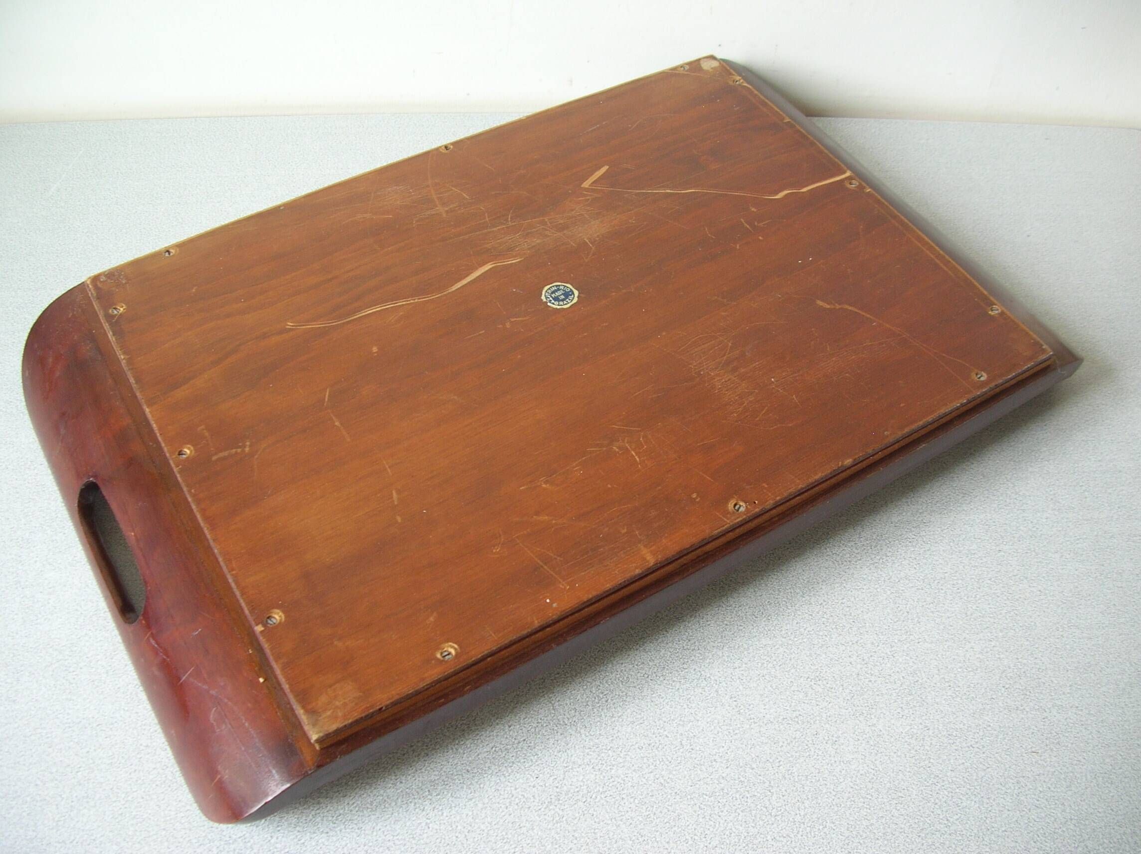 Old wooden serving tray with marquetry and real butterflies from Brazil