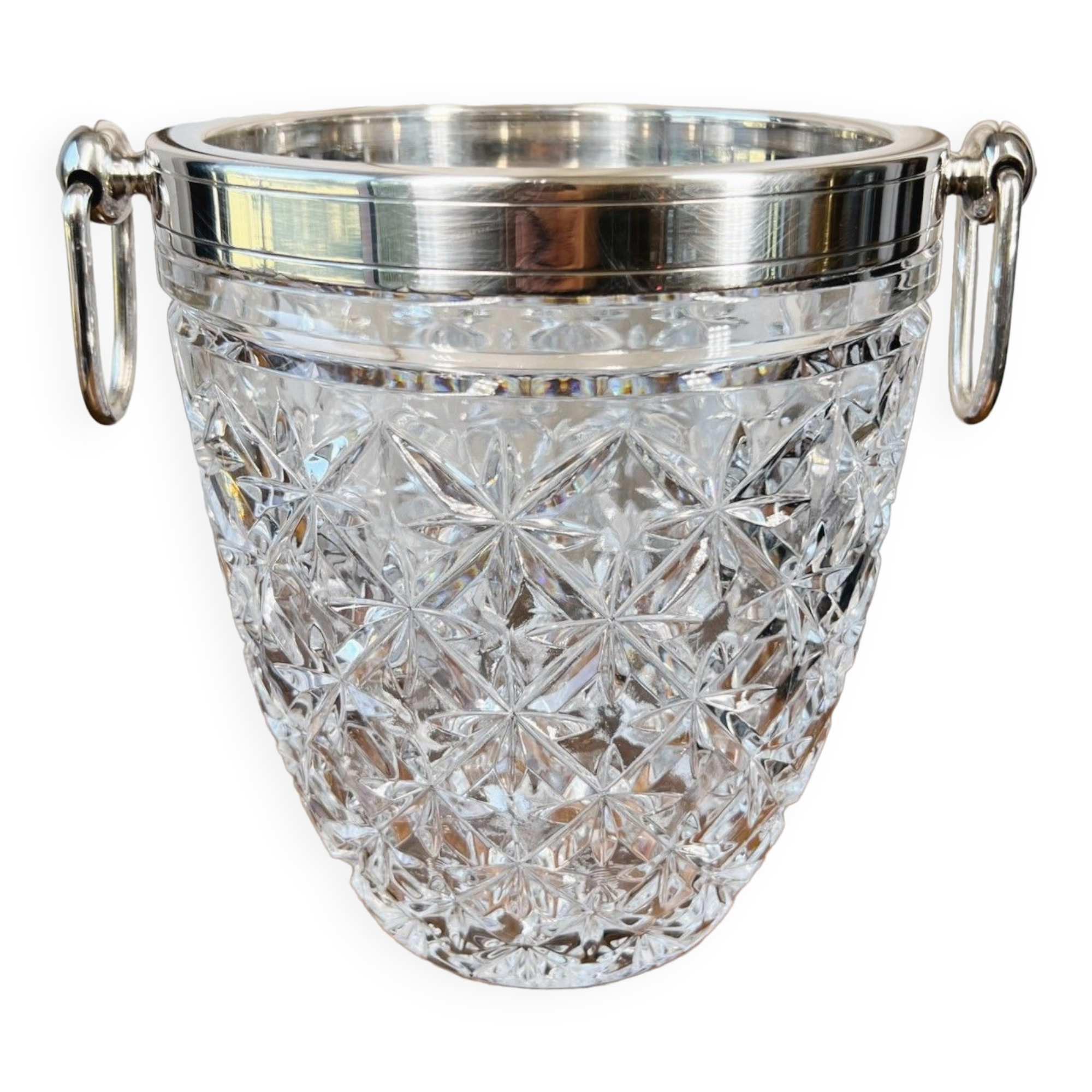 Champagne bucket in cut glass and stainless steel
