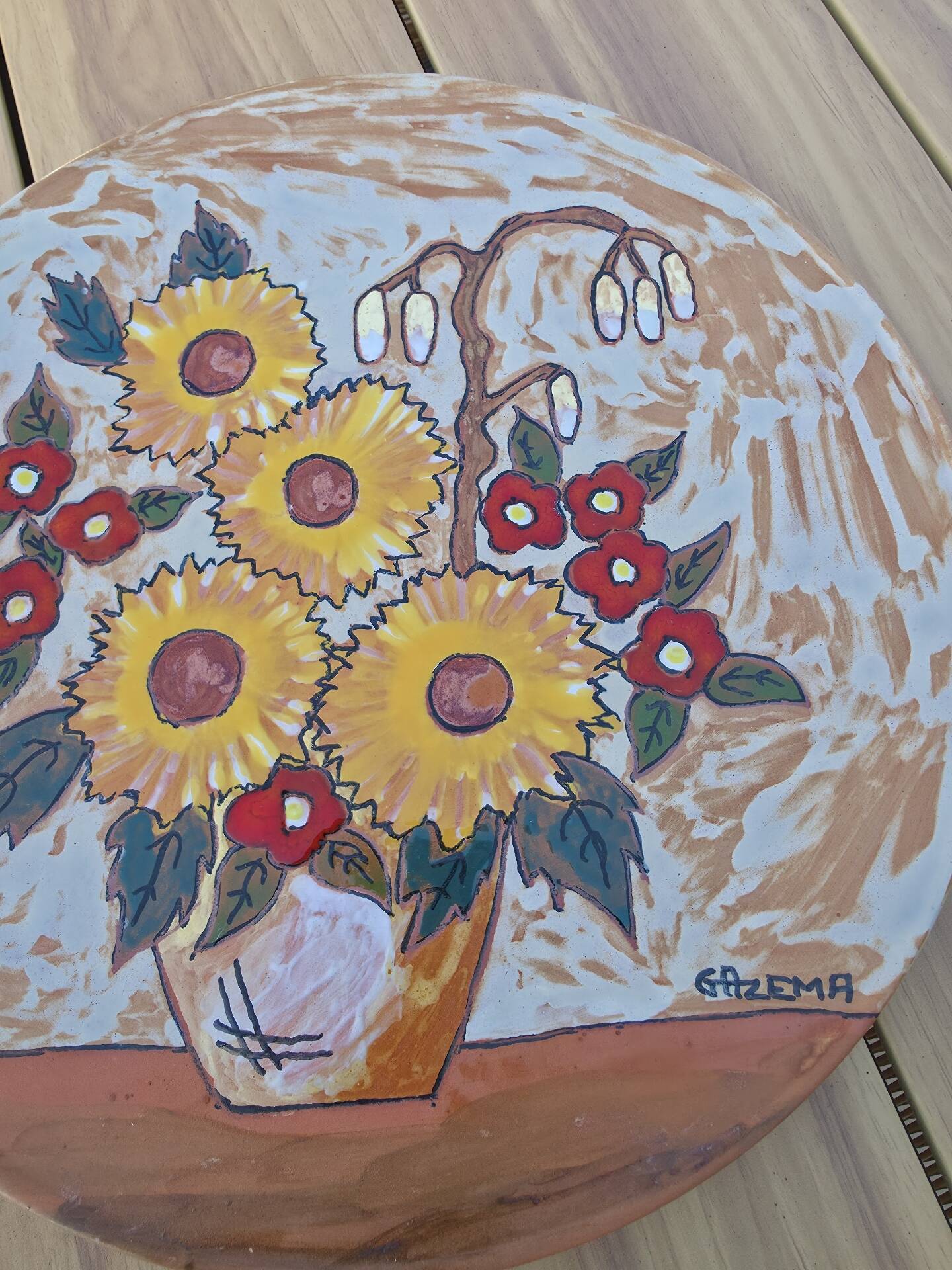 Vintage Vallauris Ceramic Large Plate 35 cm – G. Azema – Sunflower