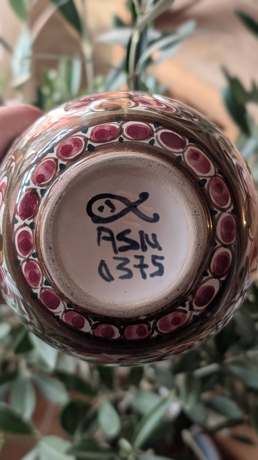 Antique hand-painted earthenware pitcher – Red and green floral decoration