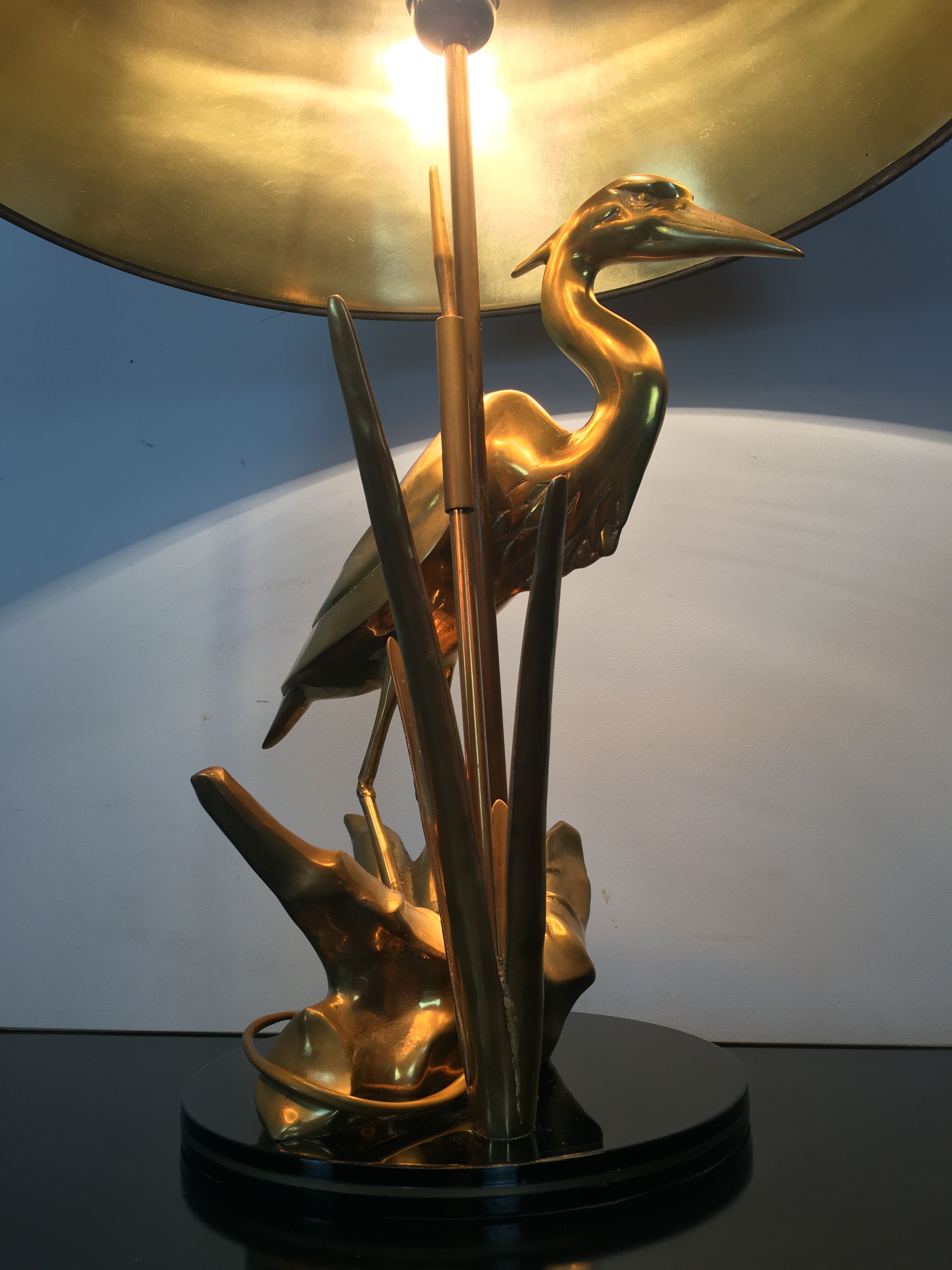 Heron lamp, golden brass animal style