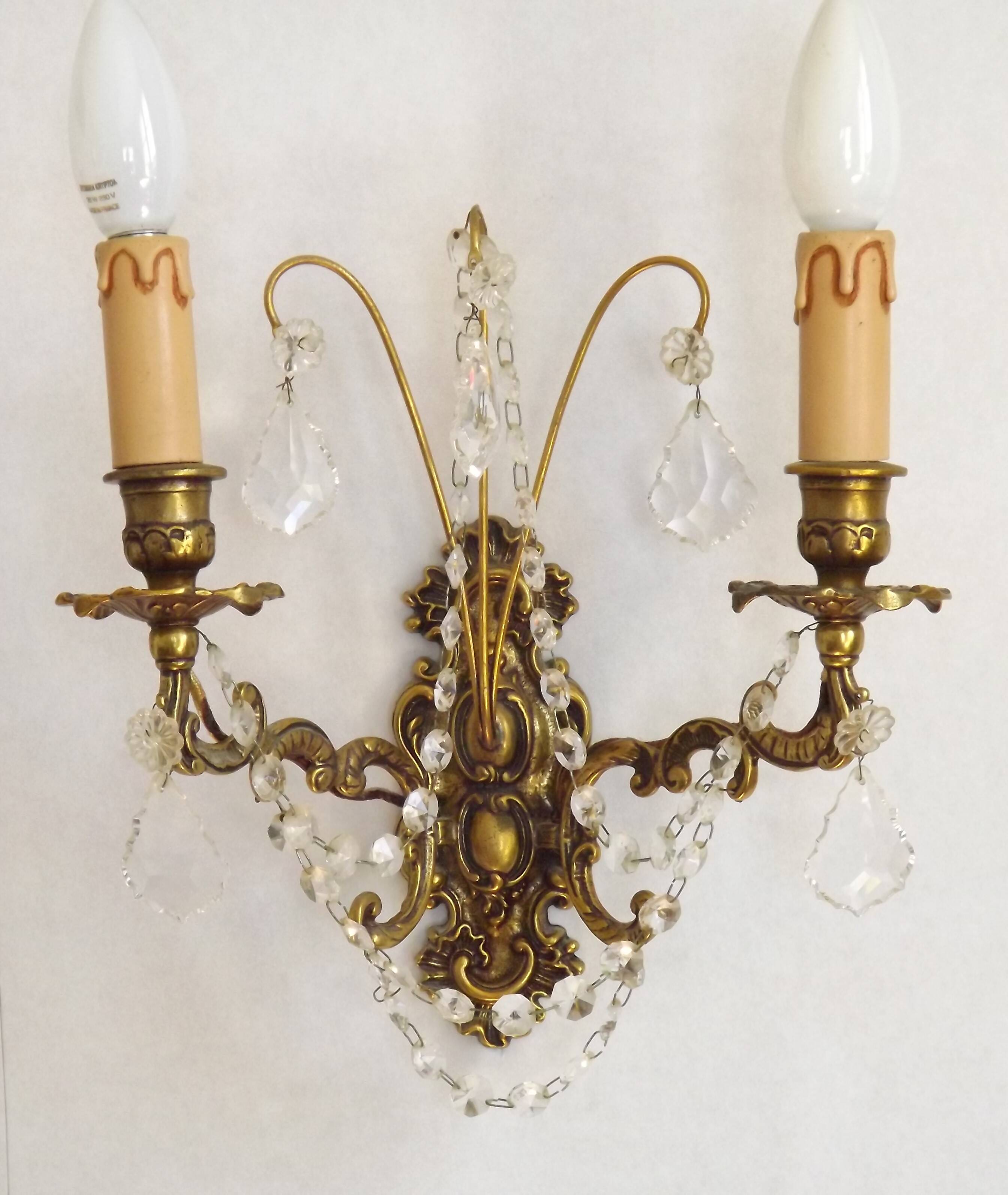 Pair of French Baroque Double Bronze Crystal Wall Lights Glass Bead Swags