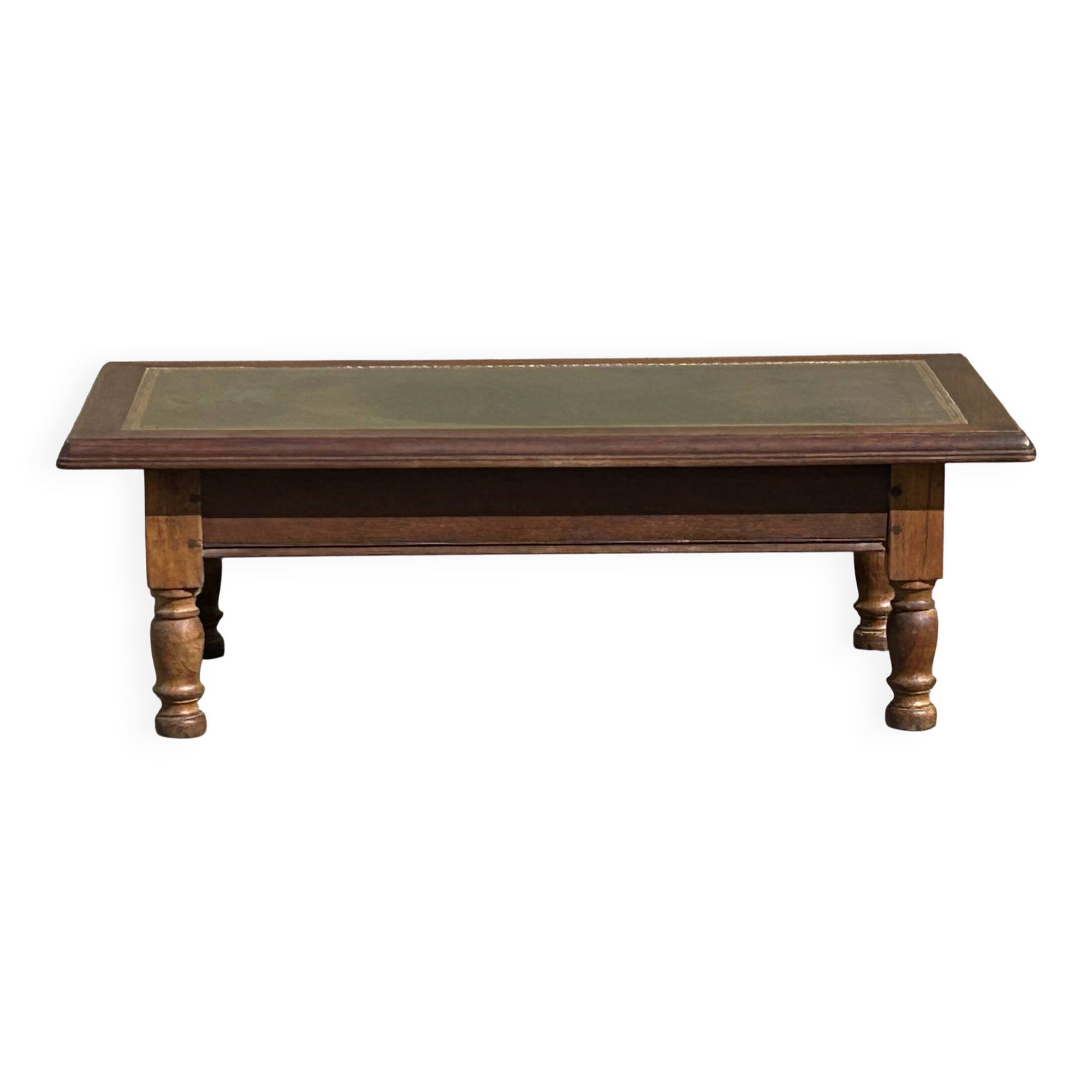 Vintage English coffee table in oak and green leather – 1950s/60s