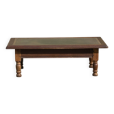 Vintage English coffee table in oak and green leather – 1950s/60s