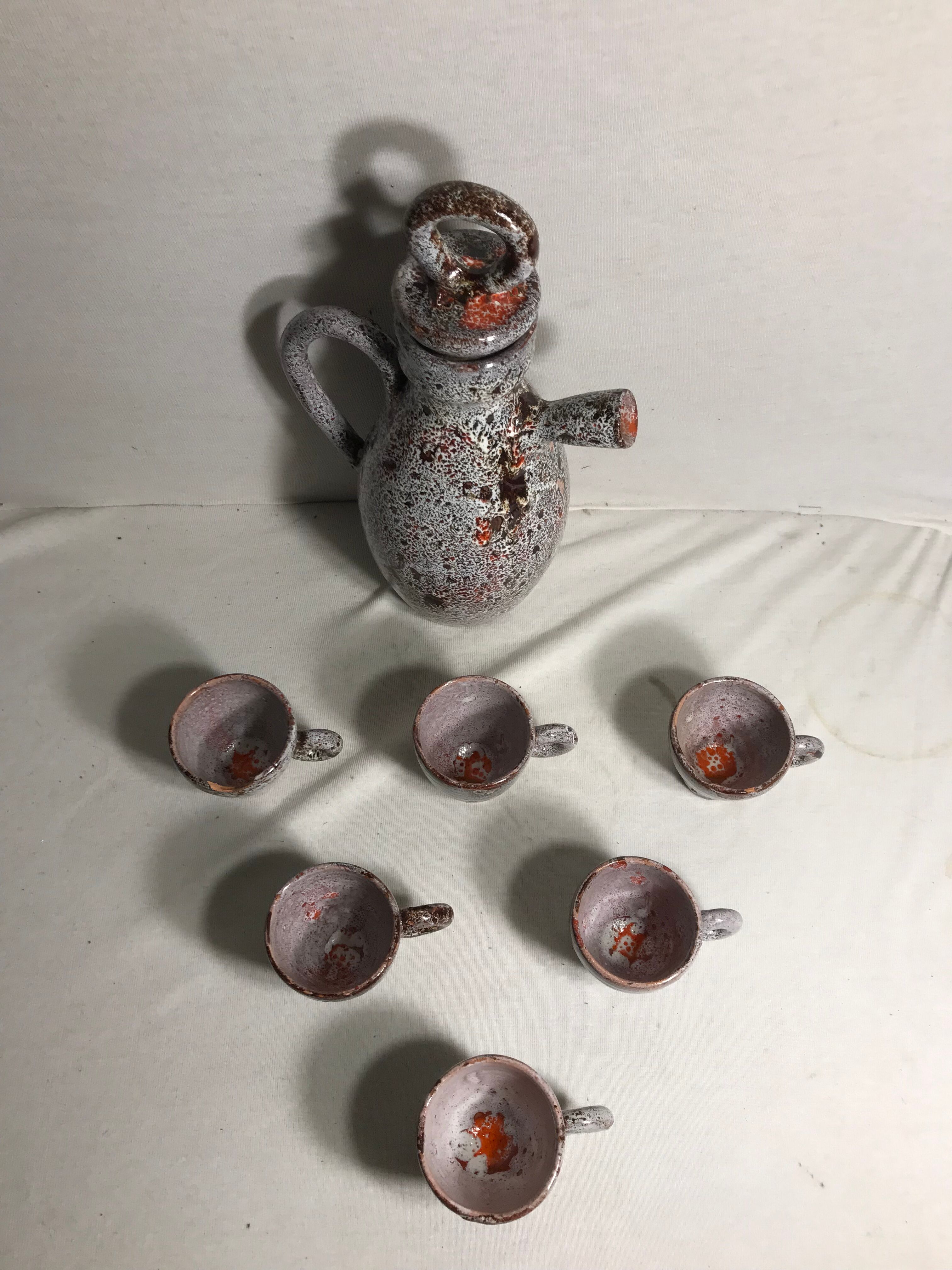 Coffee set decanter and 6 cups enamelled terracotta
