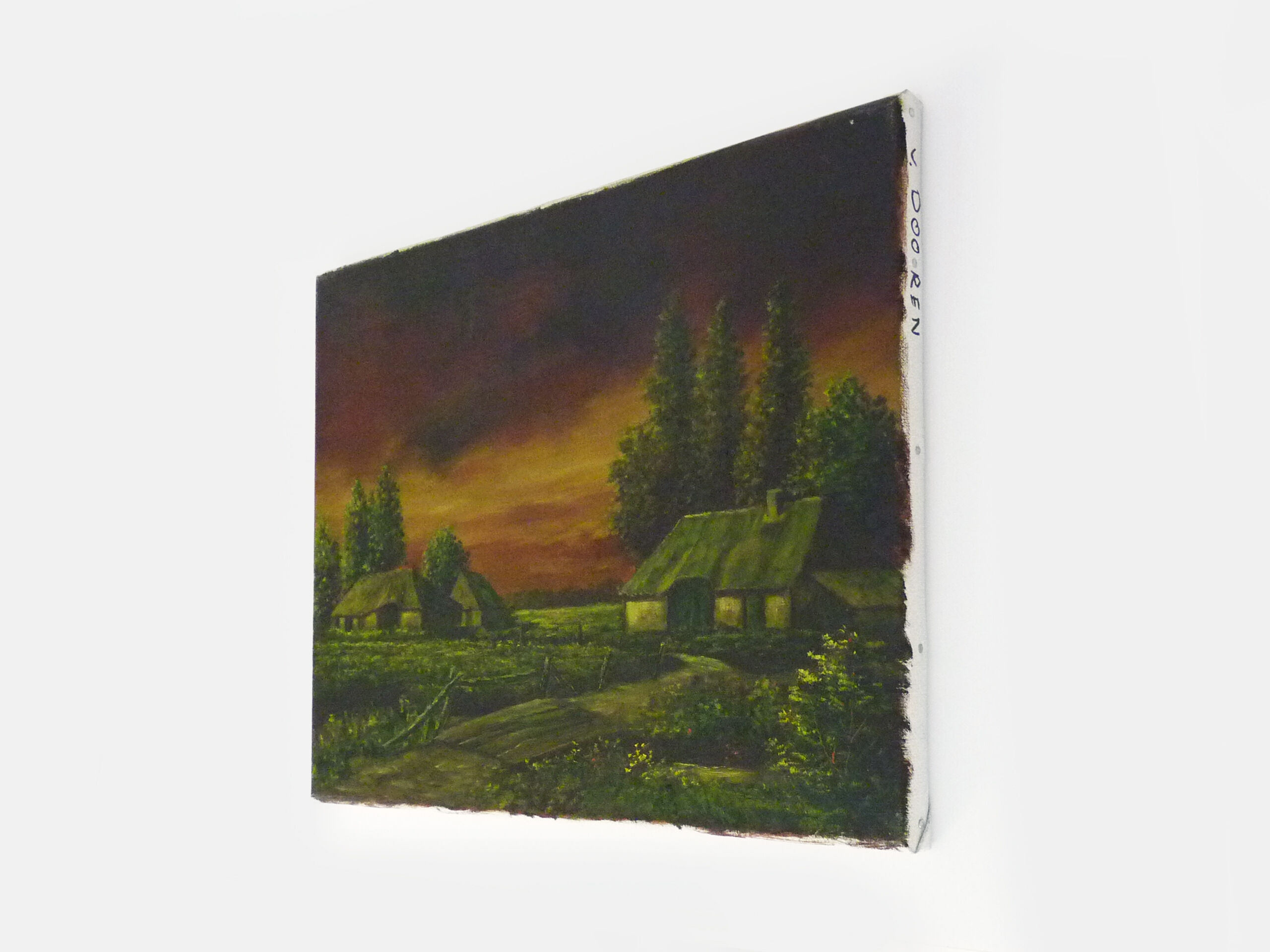 Oil on canvas village by Jan Van Dooren, sunset. Signed. Seventies