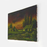 Oil on canvas village by Jan Van Dooren, sunset. Signed. Seventies