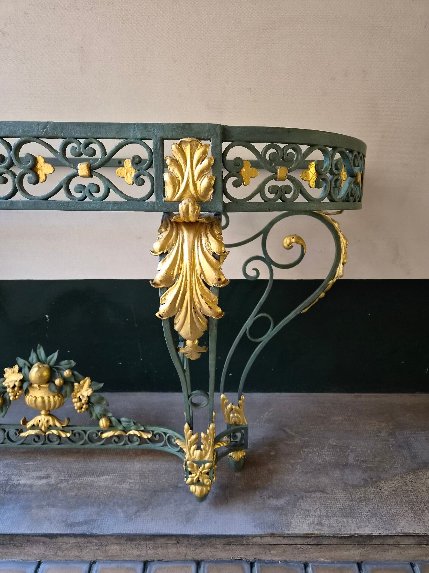 Wrought iron console in Louis XV style, 19th century.
