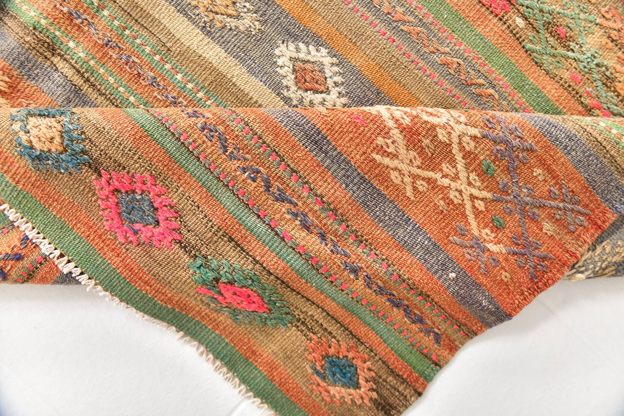 5x8 Green & Orange Striped Pattern Persian Kilim Rug, 155x250Cm