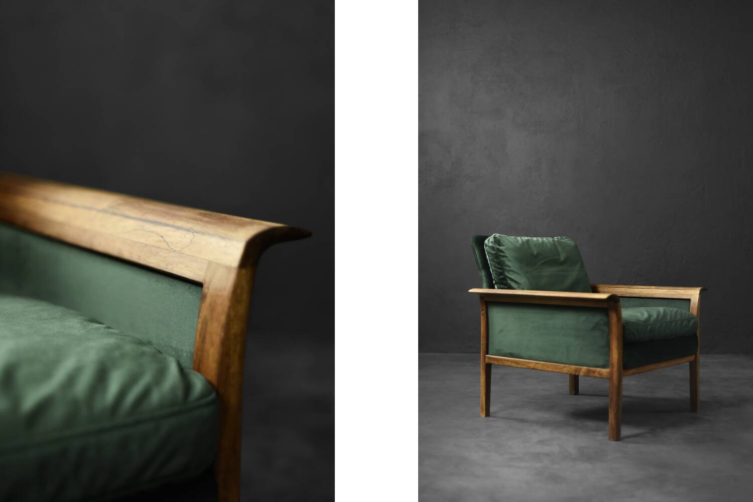 Vintage Mid-Century Modern Rosewood & Green Velour 3-Seater Sofa and Chair