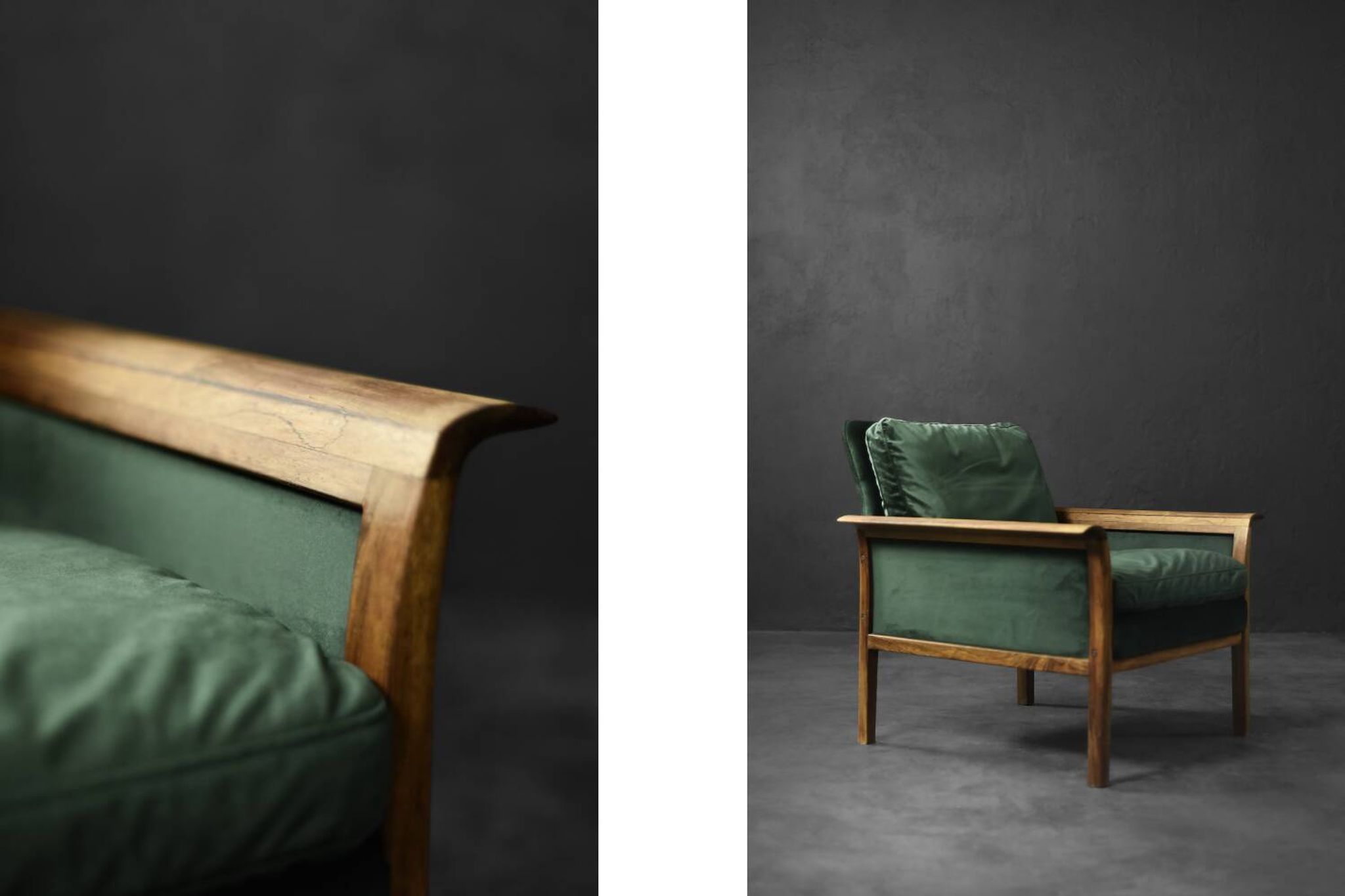 Vintage Mid-Century Modern Rosewood & Green Velour 3-Seater Sofa and Chair