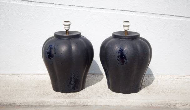 pair of night blue ceramic lamps in pumpkin shape, vintage lamp