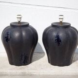 pair of night blue ceramic lamps in pumpkin shape, vintage lamp