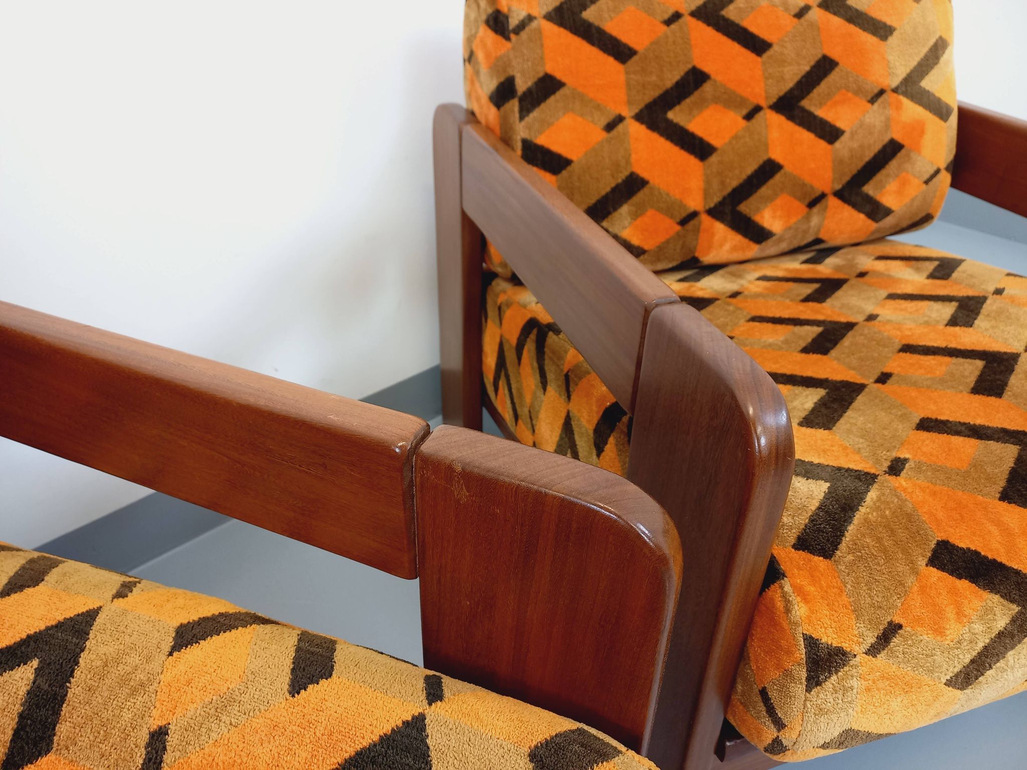Pair of vintage walnut and velvet fabric sleigh armchairs from the 70s