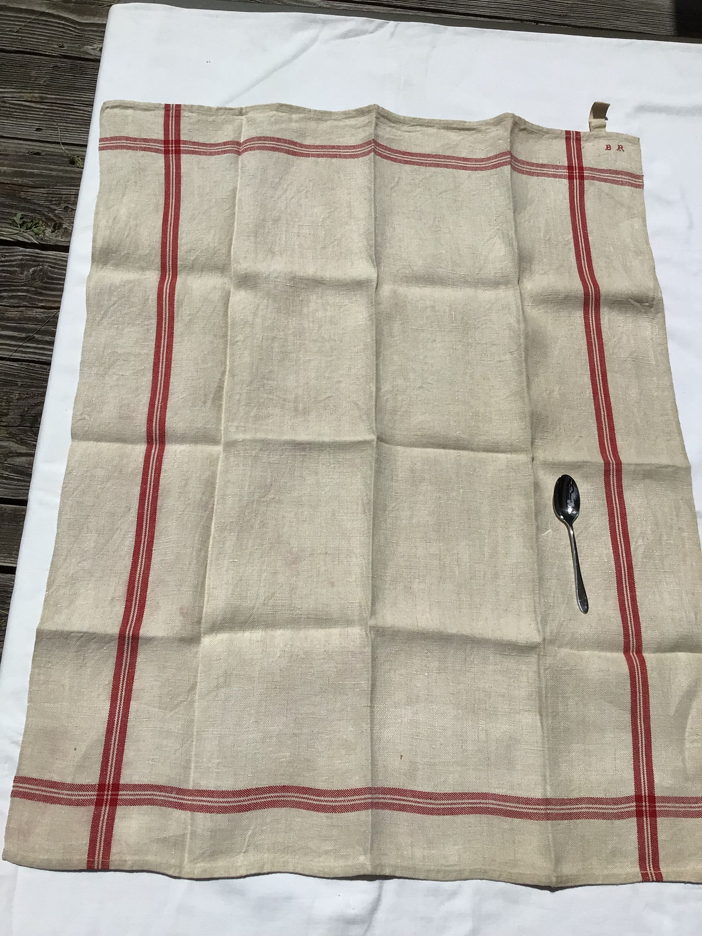 Pair new linen towels embroidered BR triple red stripe