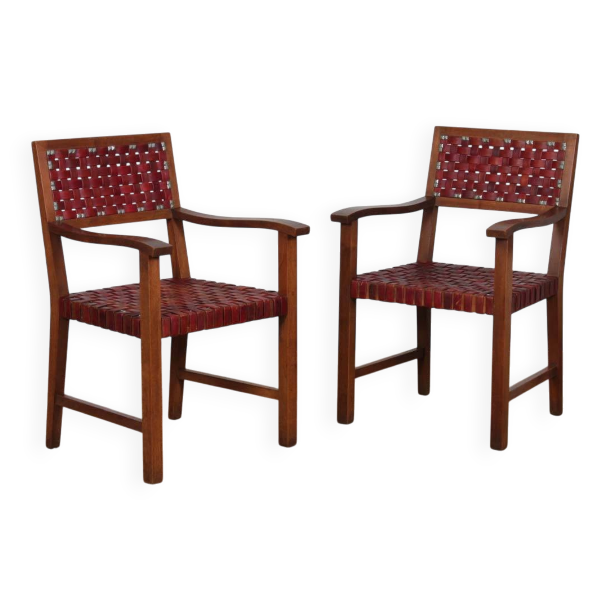 Pair of 1950s bridge chairs in wood and leather