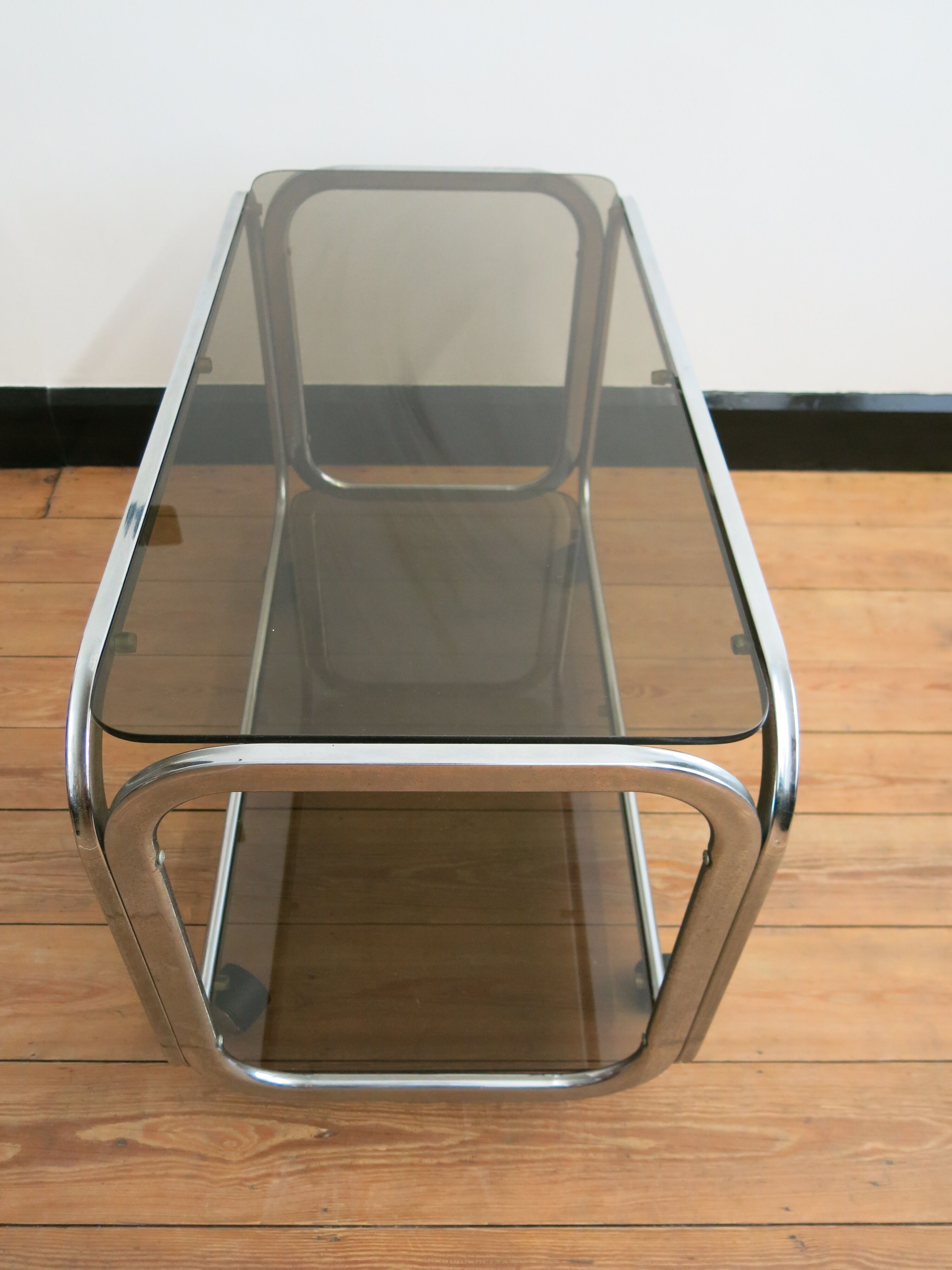 Space Age coffee table in smoked glass and chrome steel, 1970s