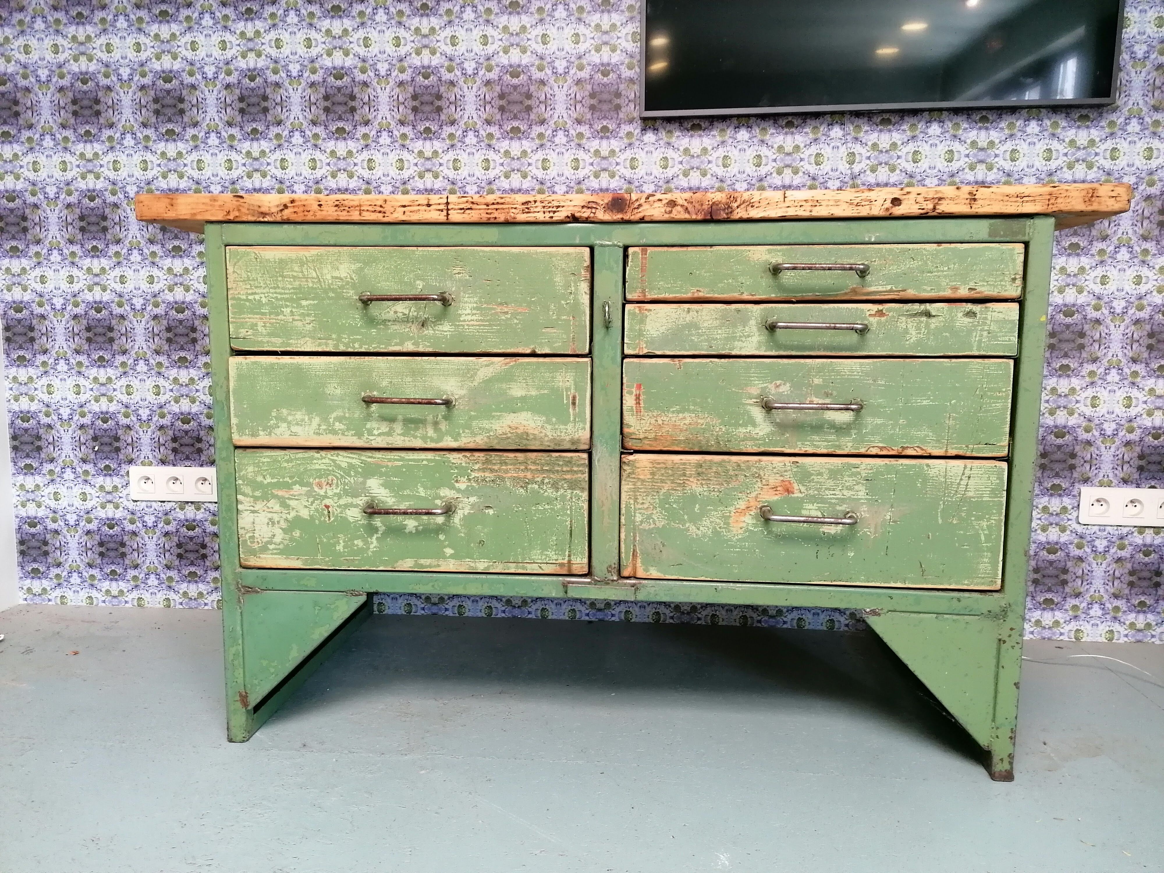 Old wooden garage workbench, industrial vintage.