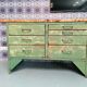 Old wooden garage workbench, industrial vintage.
