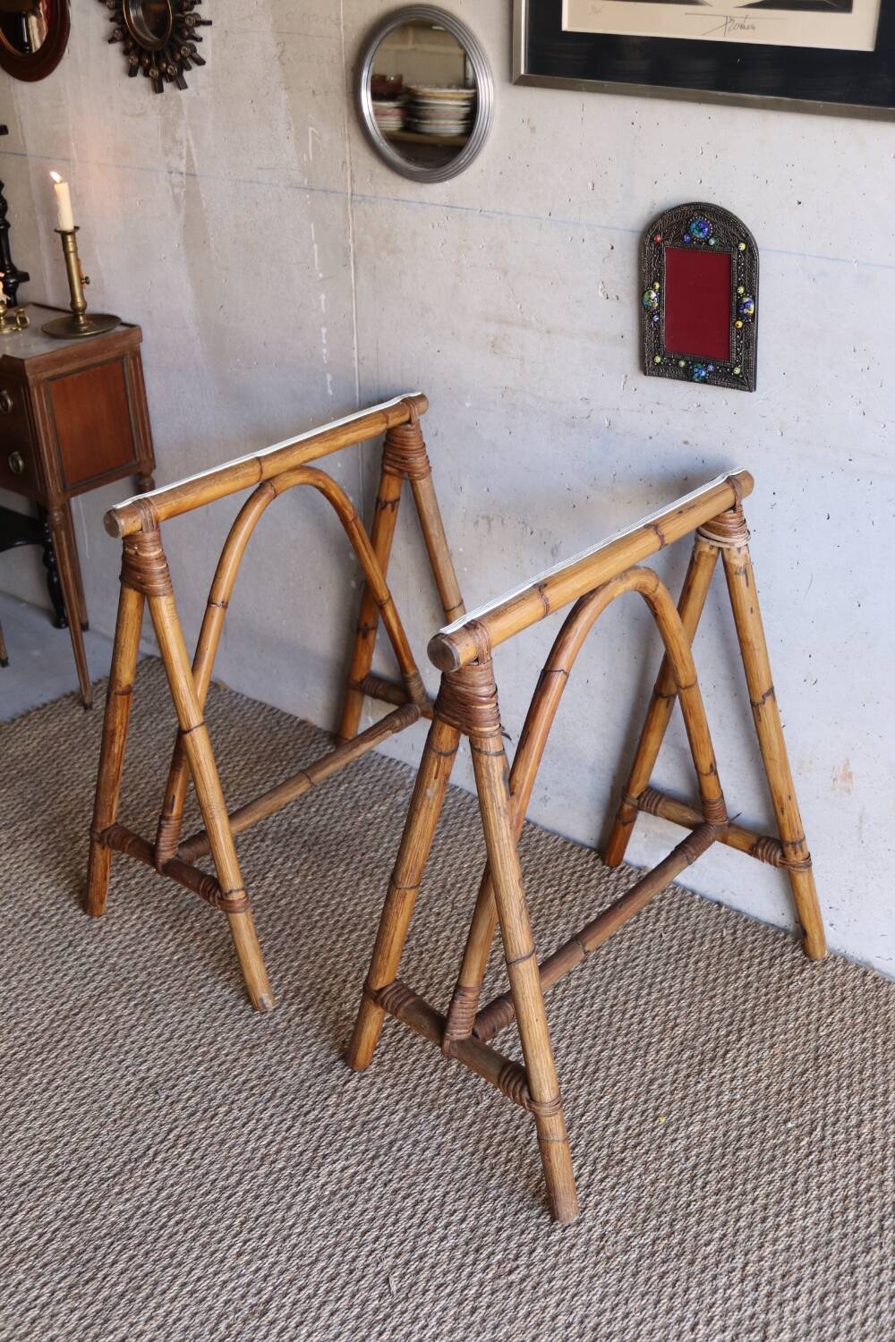 Pair of vintage rattan trestles
